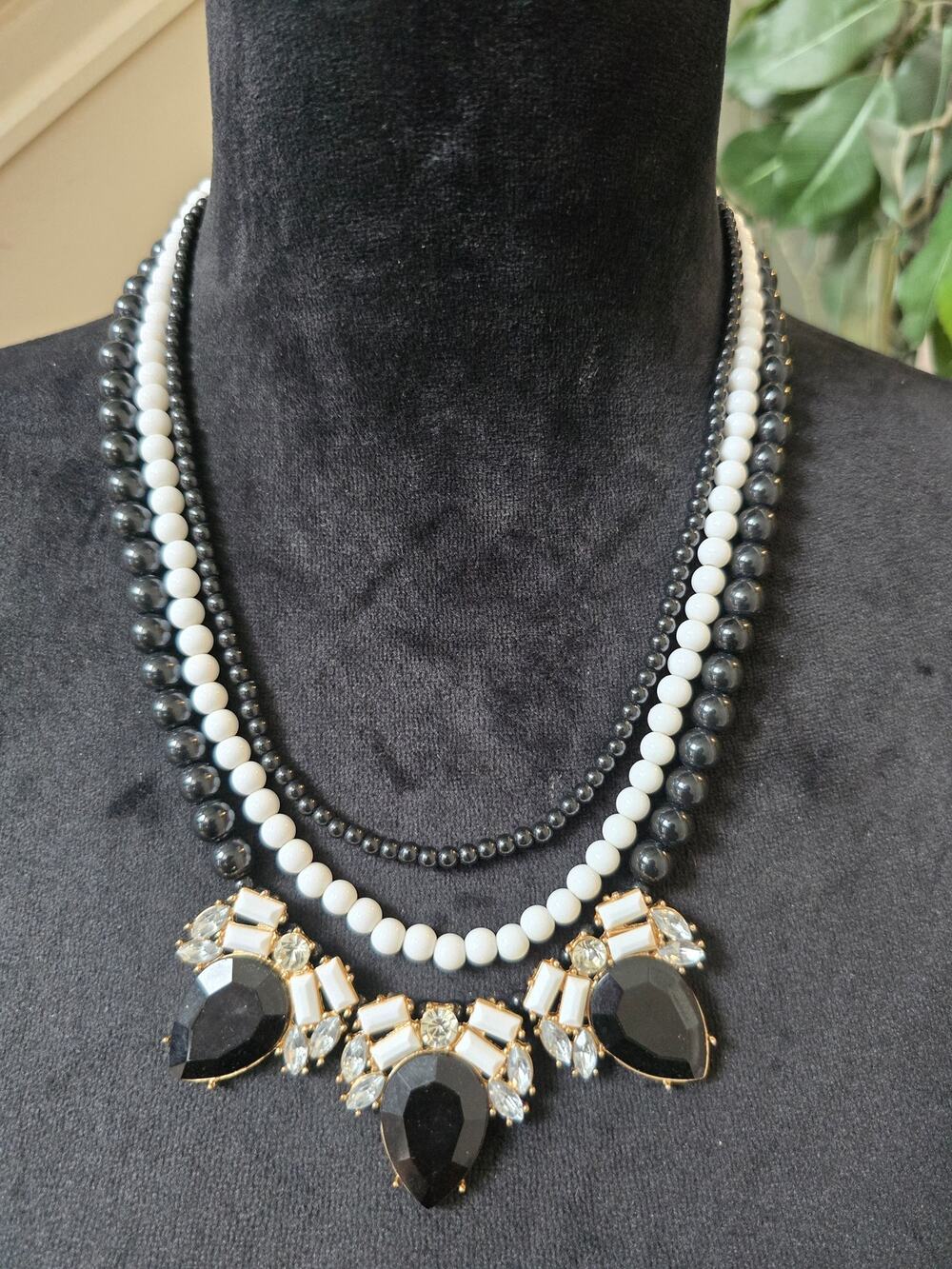 Black White Multi Strand Crystal Statement Necklace